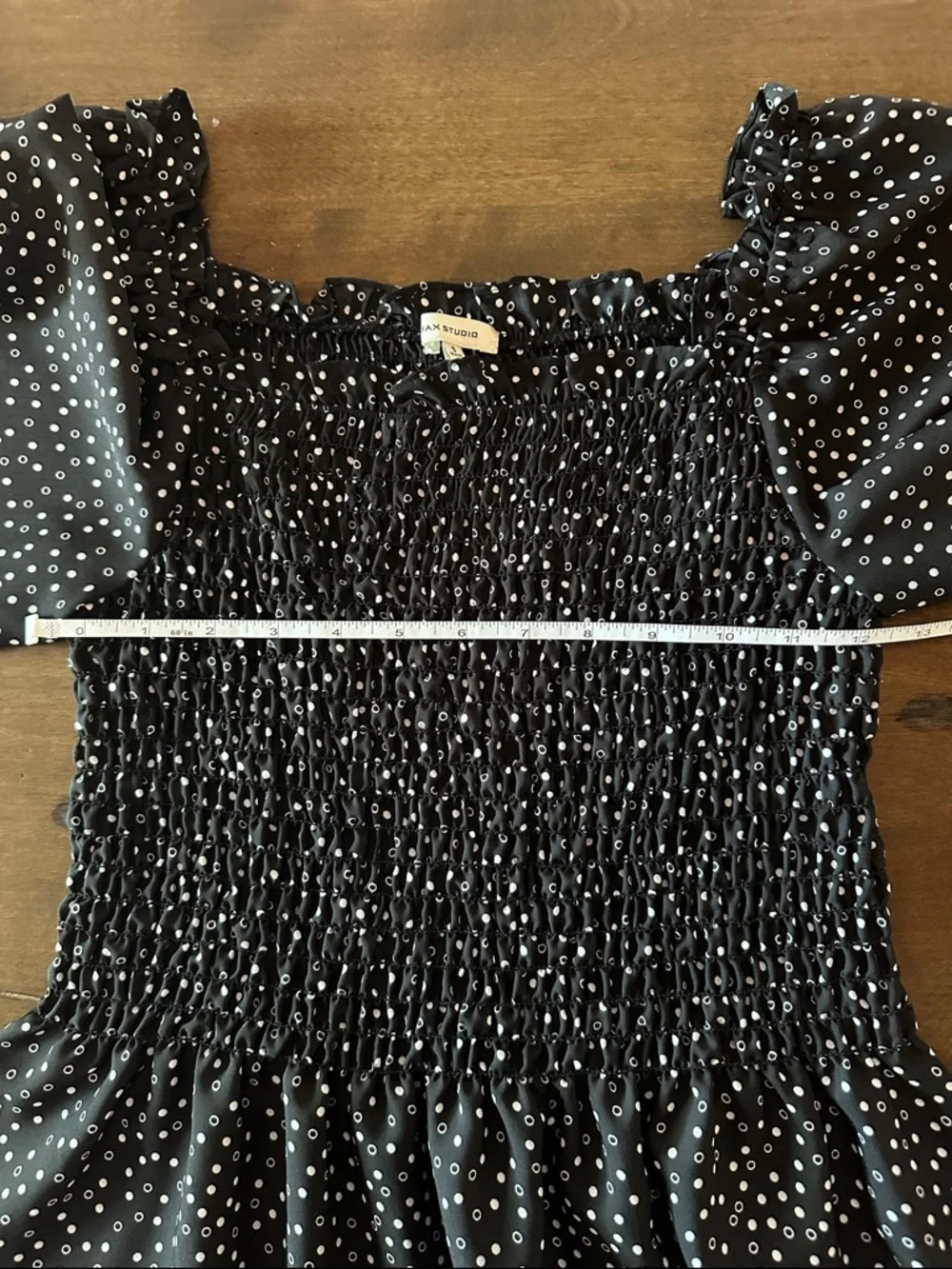 Smocked Peplum Long-Sleeve Top in Black with White Dot Print Size S